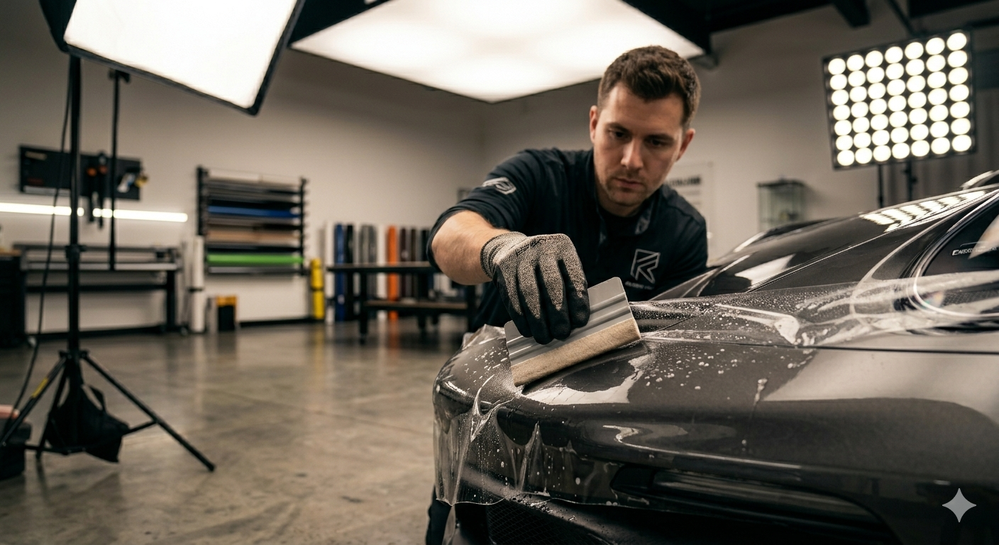 Professional installer applying clear paint protection film on front bumper of sports car using squeegee