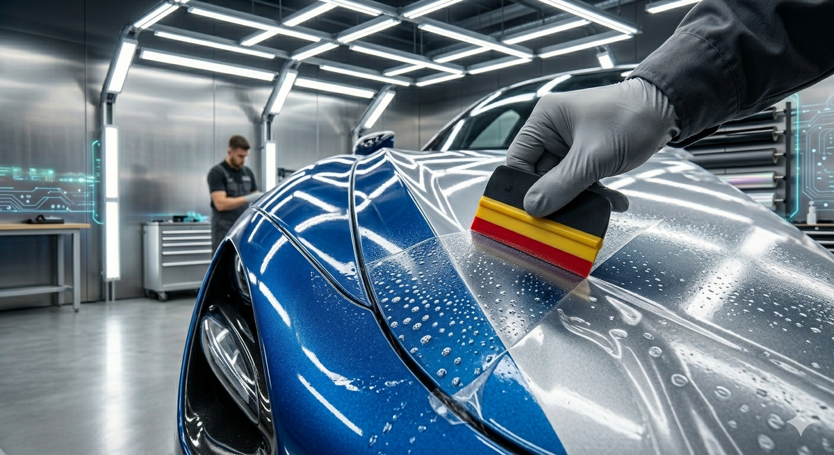 technician applying paint protection film on car hood, smoothing out air bubbles with squeegee