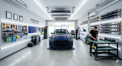 Professional window tint workshop setup with organised tools