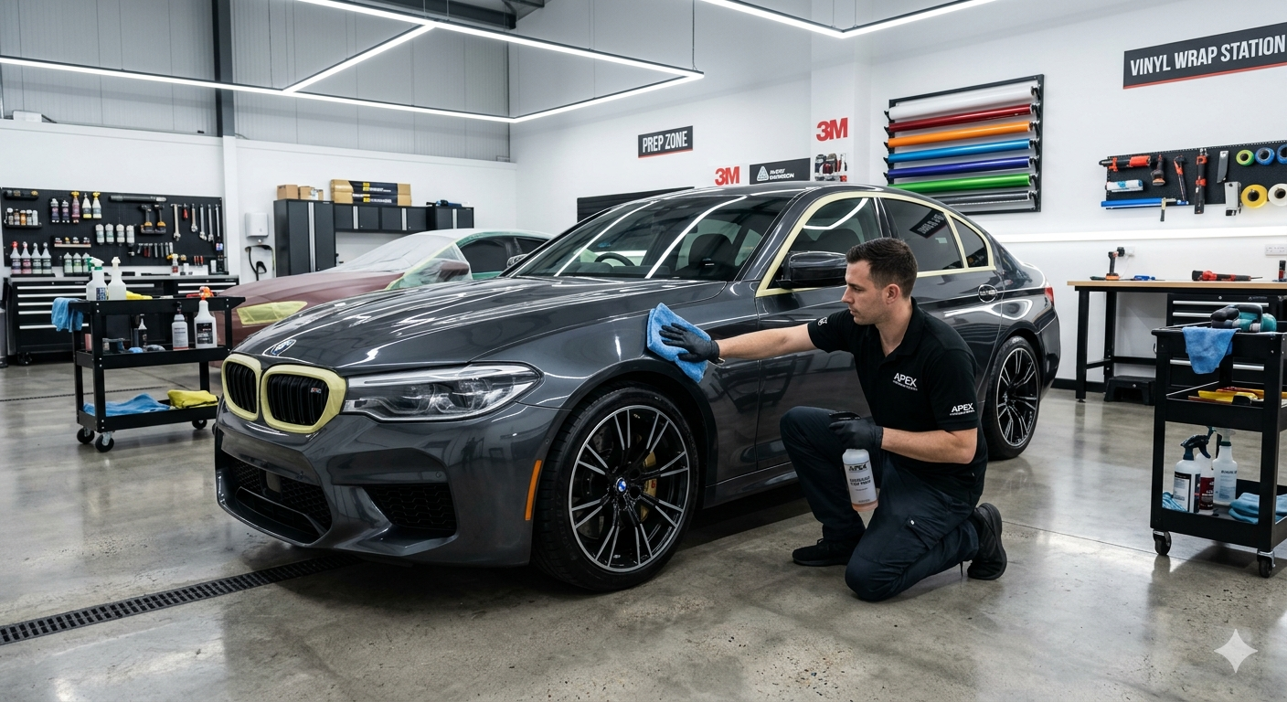 a vehicle being cleaned before vinyl wrap installation