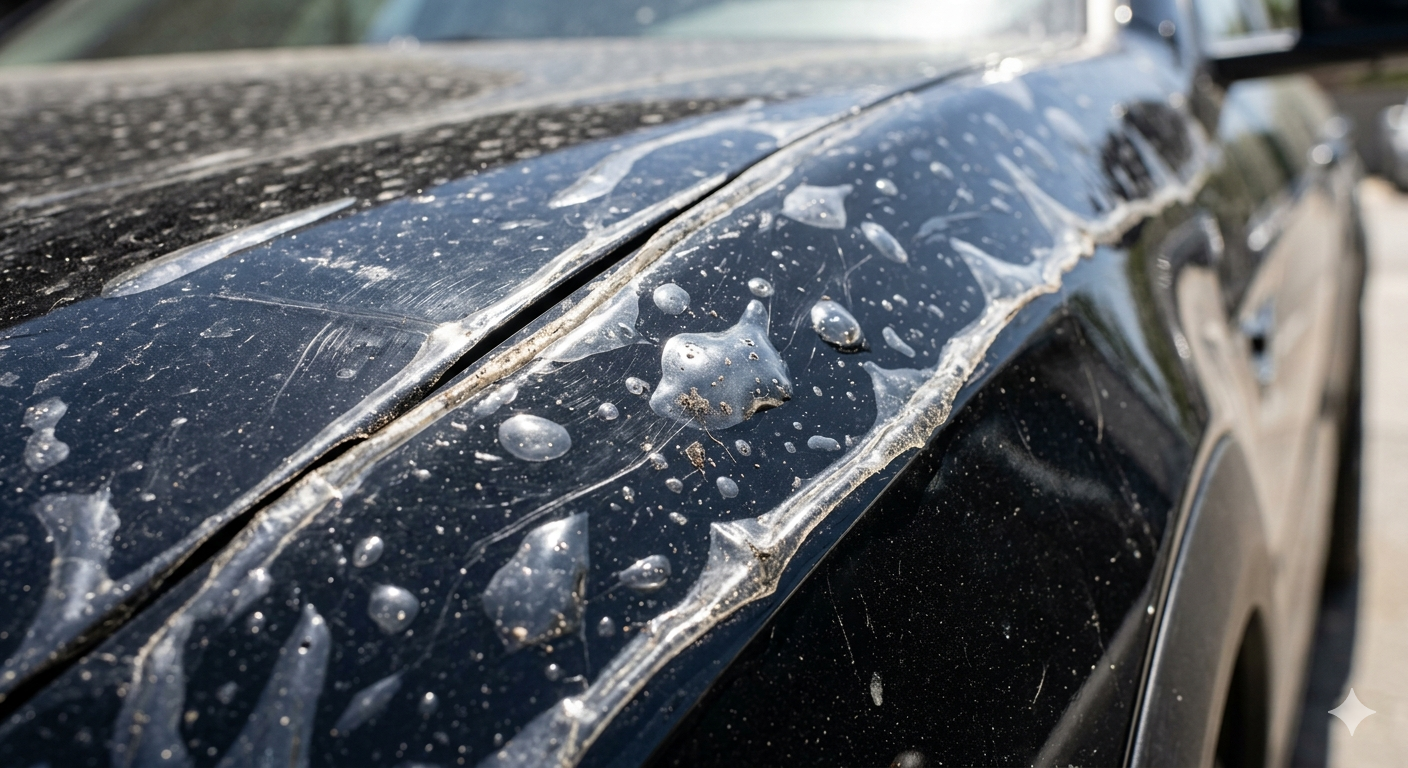 car paint protection film with visible air bubbles and dust trapped underneath, poor installation