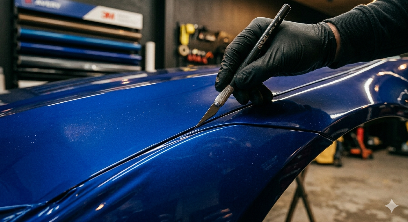 precision knife trimming vinyl wrap along car panel edge
