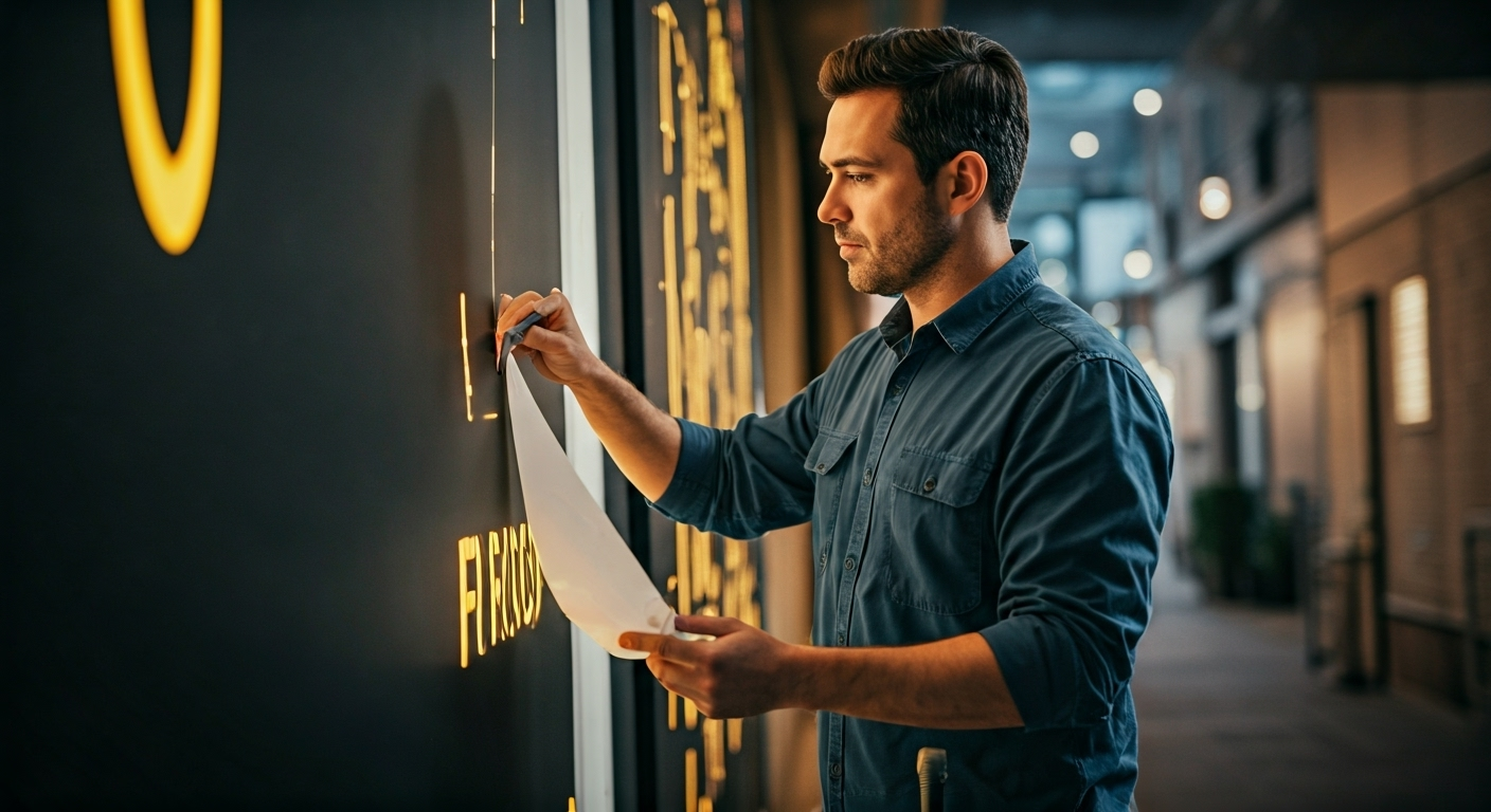 Installer with indoor outdoor signs