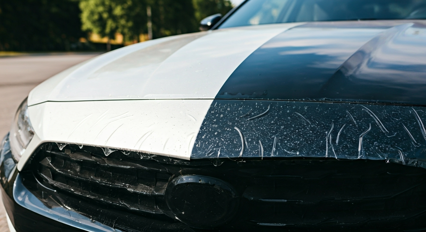 Car hood half covered in PPF