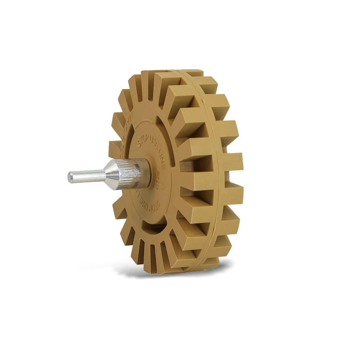 Caramel eraser wheel for removing decals and adhesive without damaging paint.