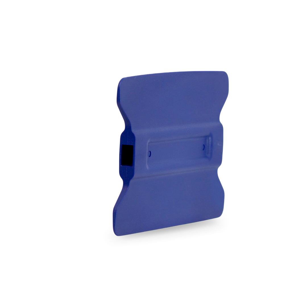 Blue wing edge squeegee with hard flex for precise pressure application.