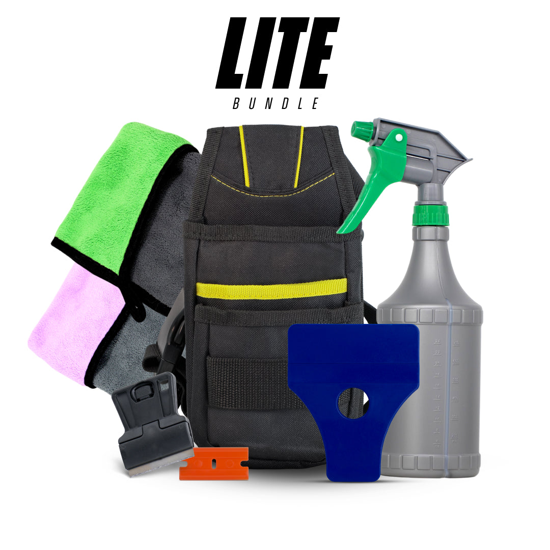 Basic detailing tool bundle with microfiber towels, squeegee, cleaning pads, and scraper for light car care jobs.