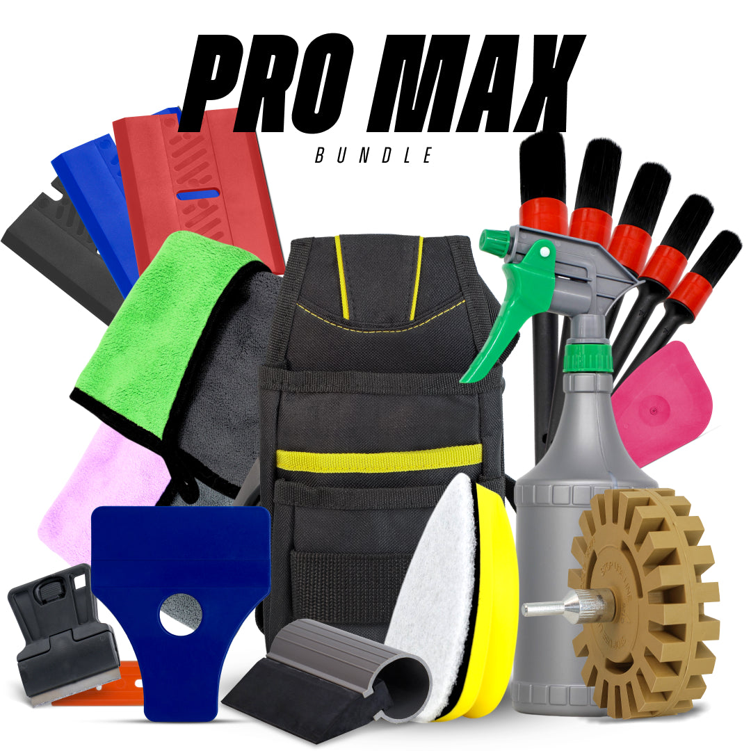 Heavy-duty car detailing kit with full set of scrapers, towels, cleaning tools, brushes, and eraser wheel for serious detailers.