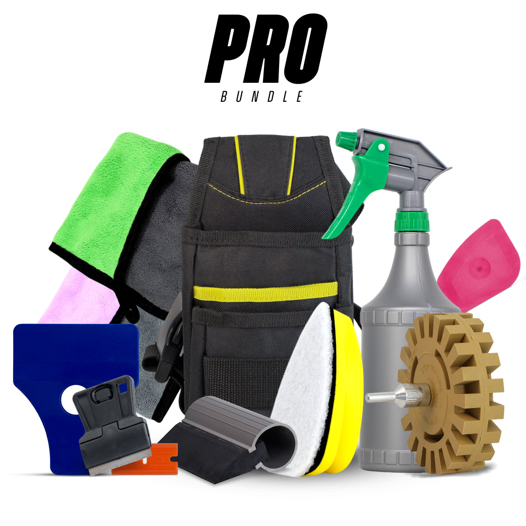 Pro detailing tool set with blade scrapers, microfiber towels, spray bottle, and cleaning brushes for full vehicle detailing.