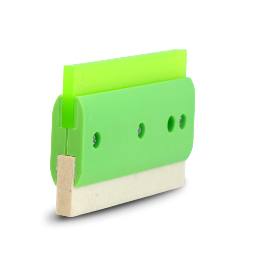 Green squeegee with double-sided felt and rubber edges for dual-use.