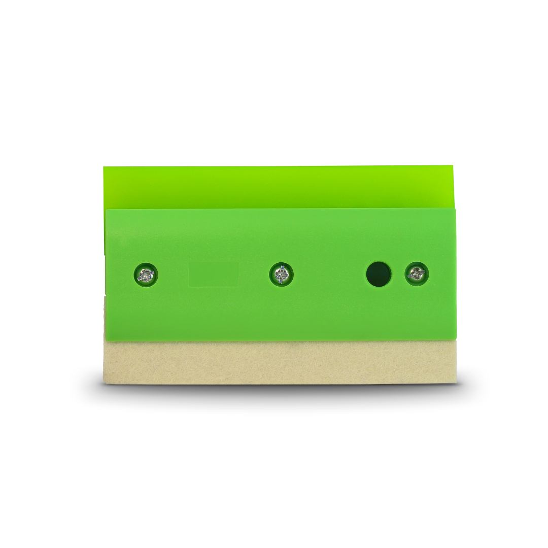 Green squeegee with double-sided felt and rubber edges for dual-use.