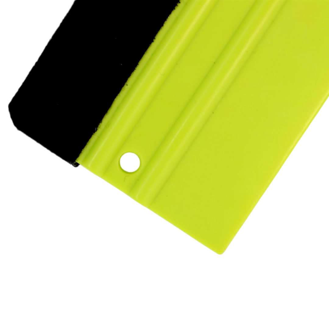 Green vinyl wrap squeegee with soft felt buffer for scratch-free application.