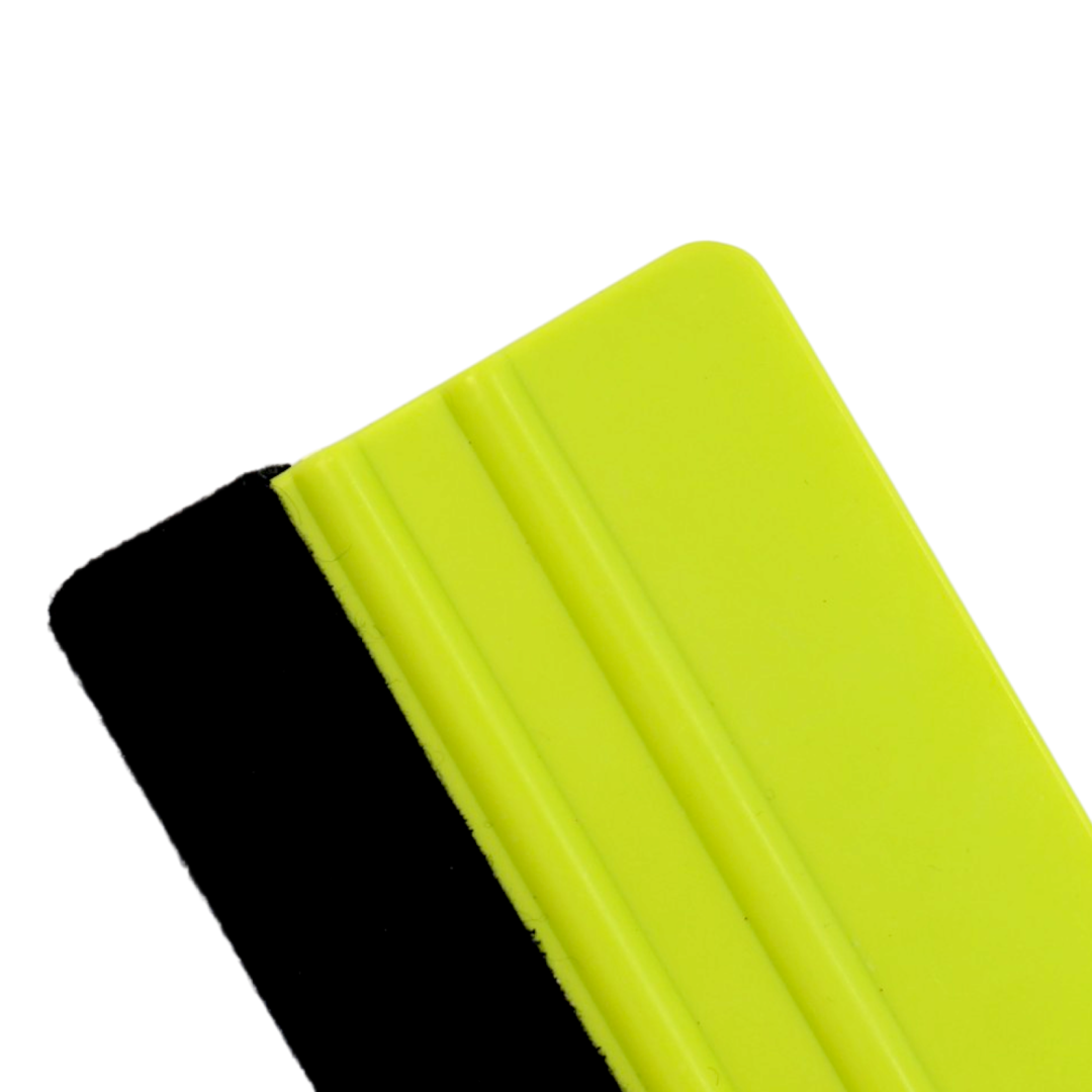 Green vinyl wrap squeegee with soft felt buffer for scratch-free application.