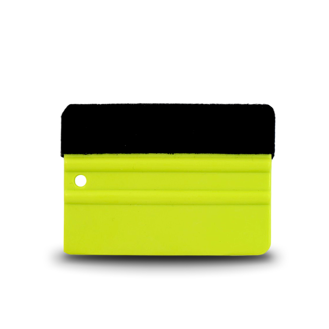 Green vinyl wrap squeegee with soft felt buffer for scratch-free application.
