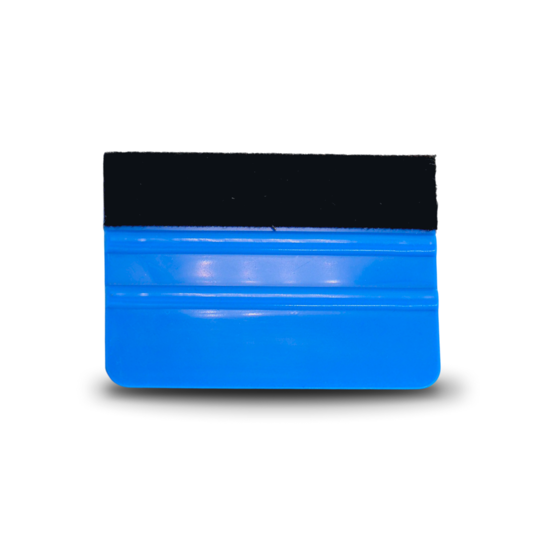 Blue squeegee tool with felt edge buffer for car wrapping.