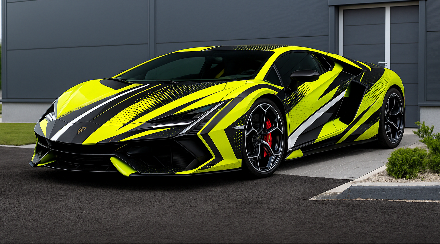 Yellow sports car with black and white design parked in front of a gray building.
