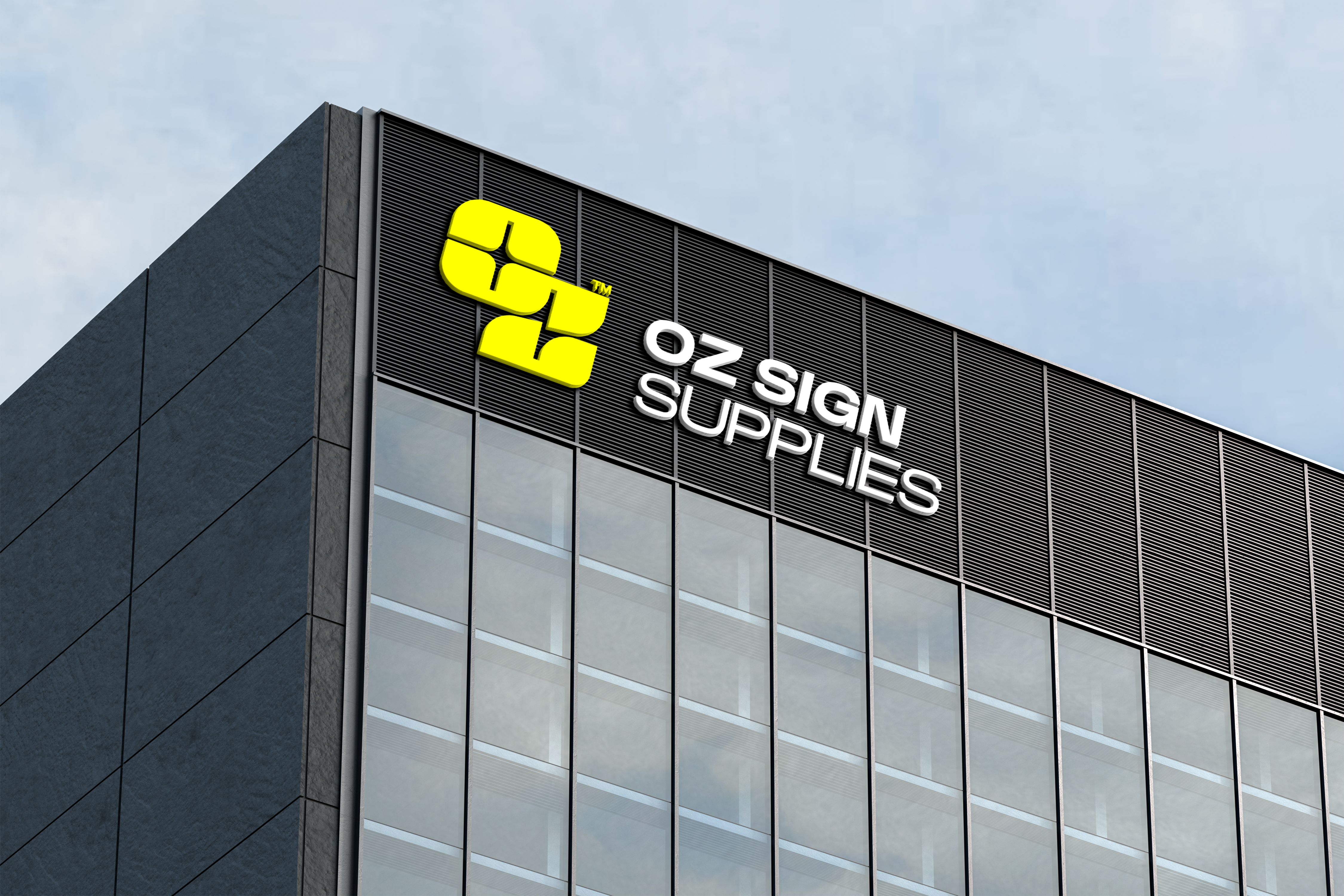The OZ Sign Supplies logo on a sign mockup.