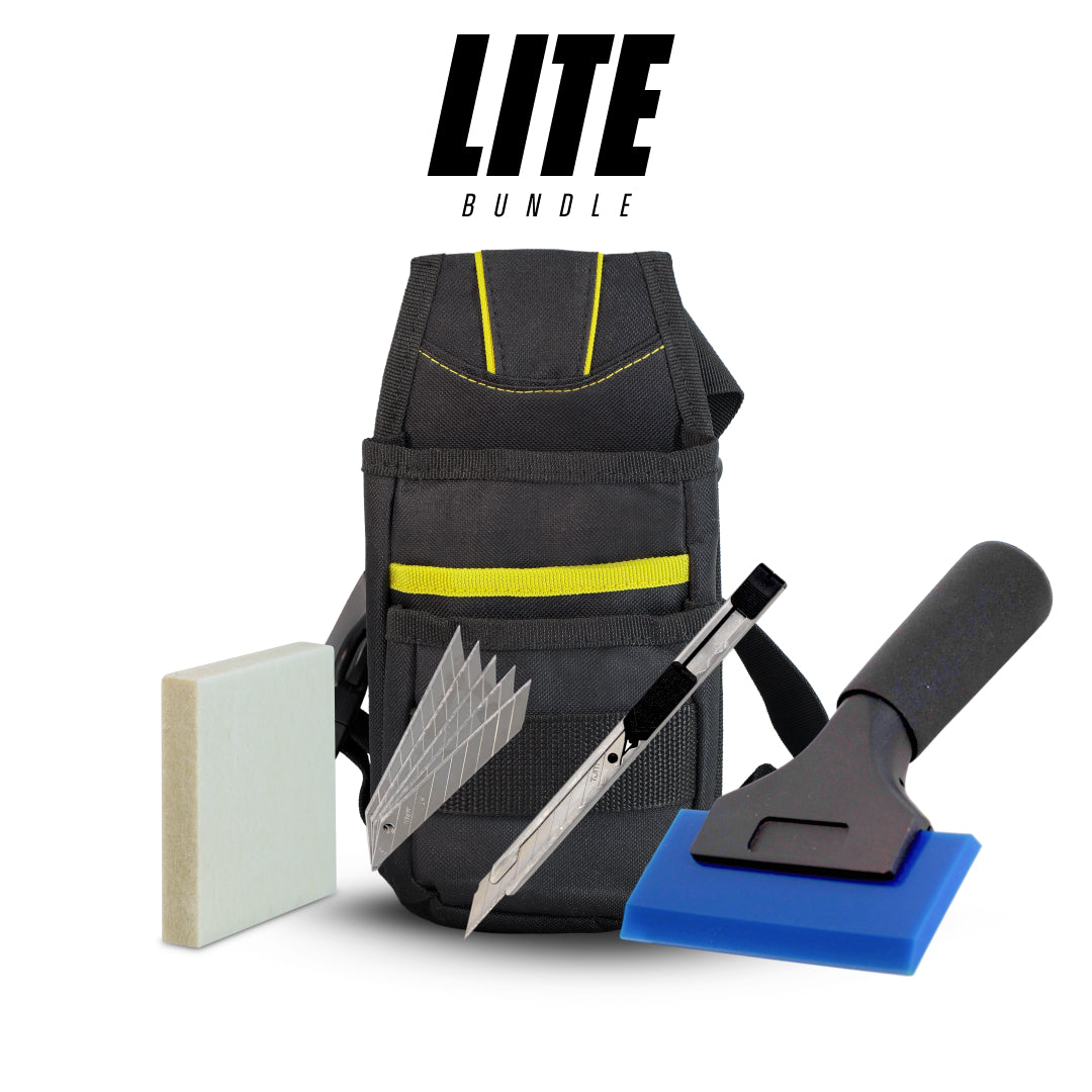 Essential PPF tool kit with gloves, soft squeegee, and cutter for light paint protection film application.