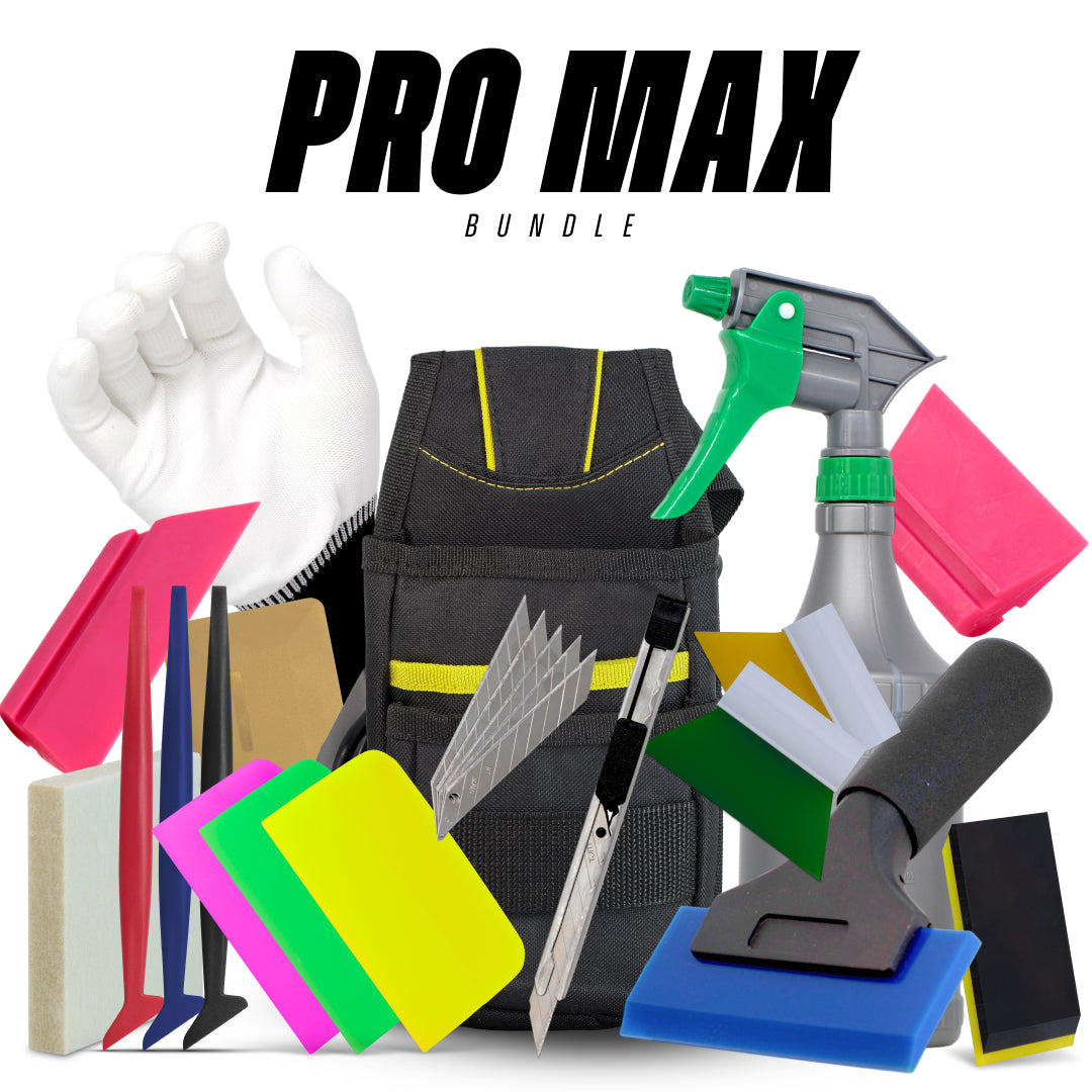 Advanced PPF installer kit with roller, hard and soft squeegees, gloves, cutting tools, and edge trimmer for professional use.