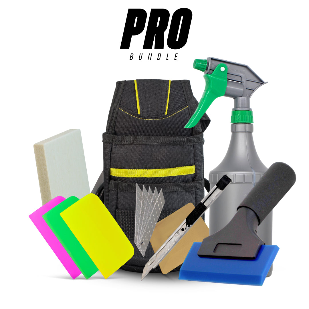 Comprehensive PPF tool kit including ergonomic squeegees, spray bottle, cutter, and gloves for pro film installs.