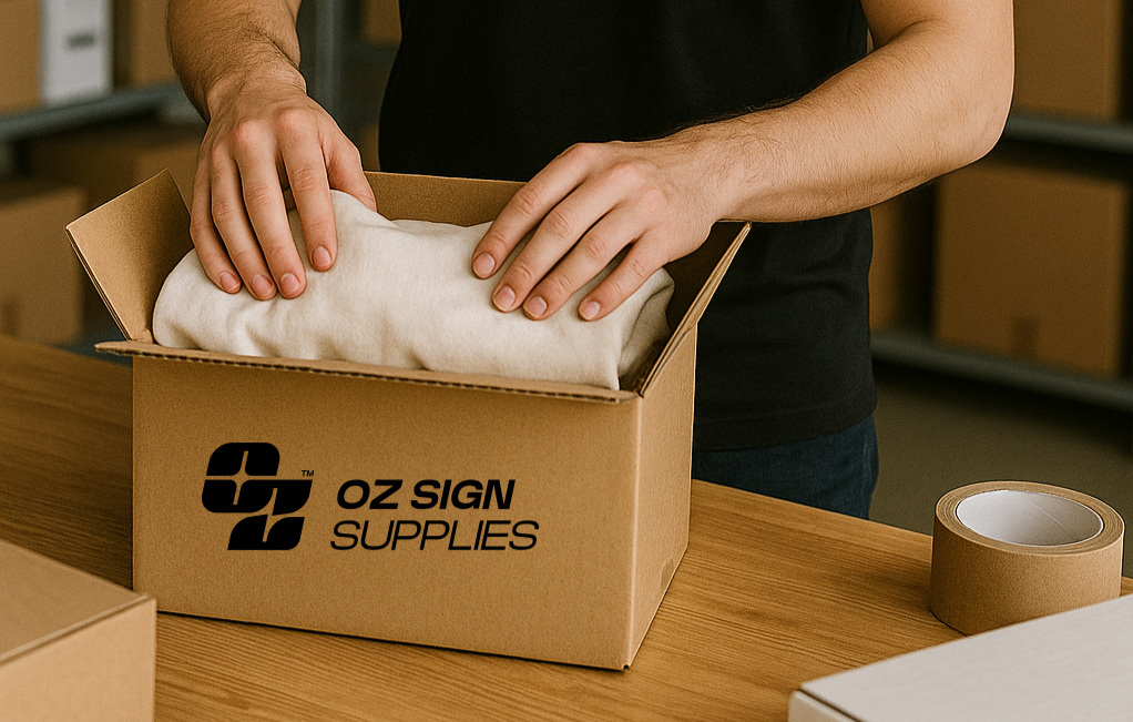 Staff member packing products into cardboard boxes ready for shipping.