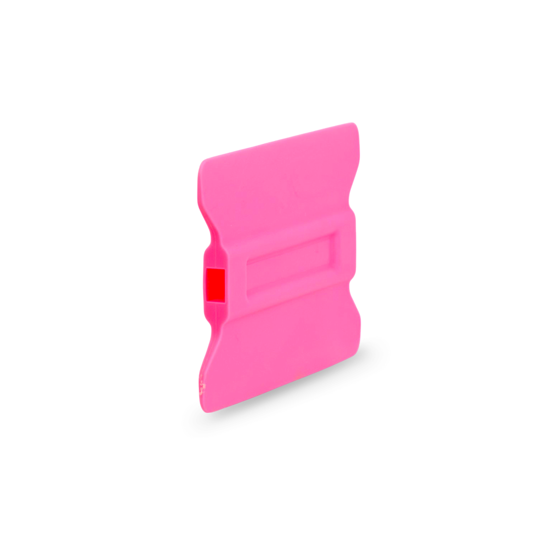 Pink wing edge squeegee with extra soft flexibility for sensitive surfaces.