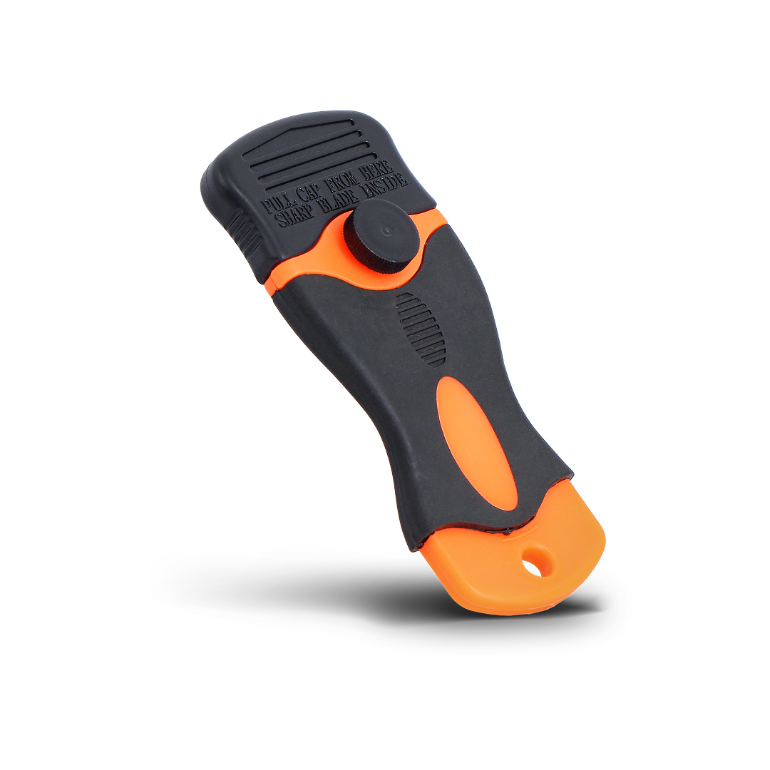 Handheld razor blade scraper for removing adhesive and film.