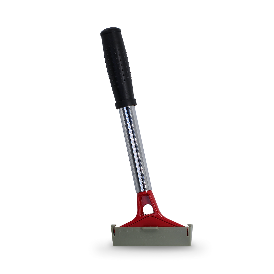 Tint removal scraper with precision razor blade for clean film removal.