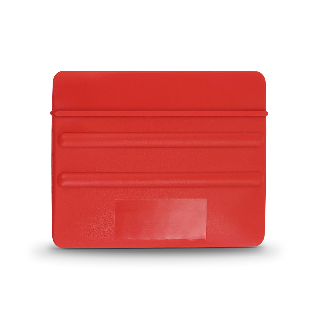 Red soft flex squeegee card for conforming to curved surfaces.