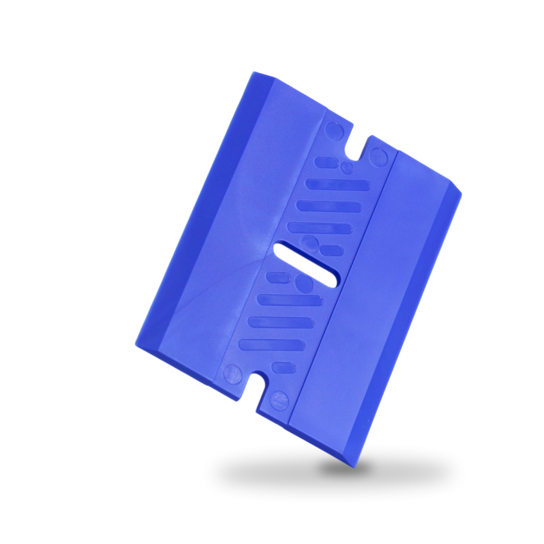 Combination decal scraper and squeegee for adhesive removal.