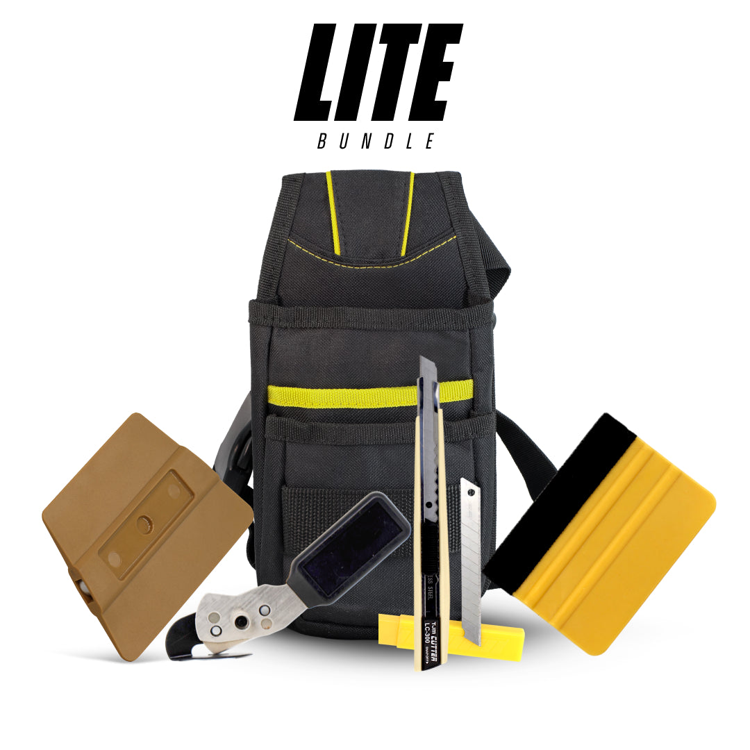 Entry-level sign vinyl application kit with gloves, tweezers, squeegee, and precision cutter.