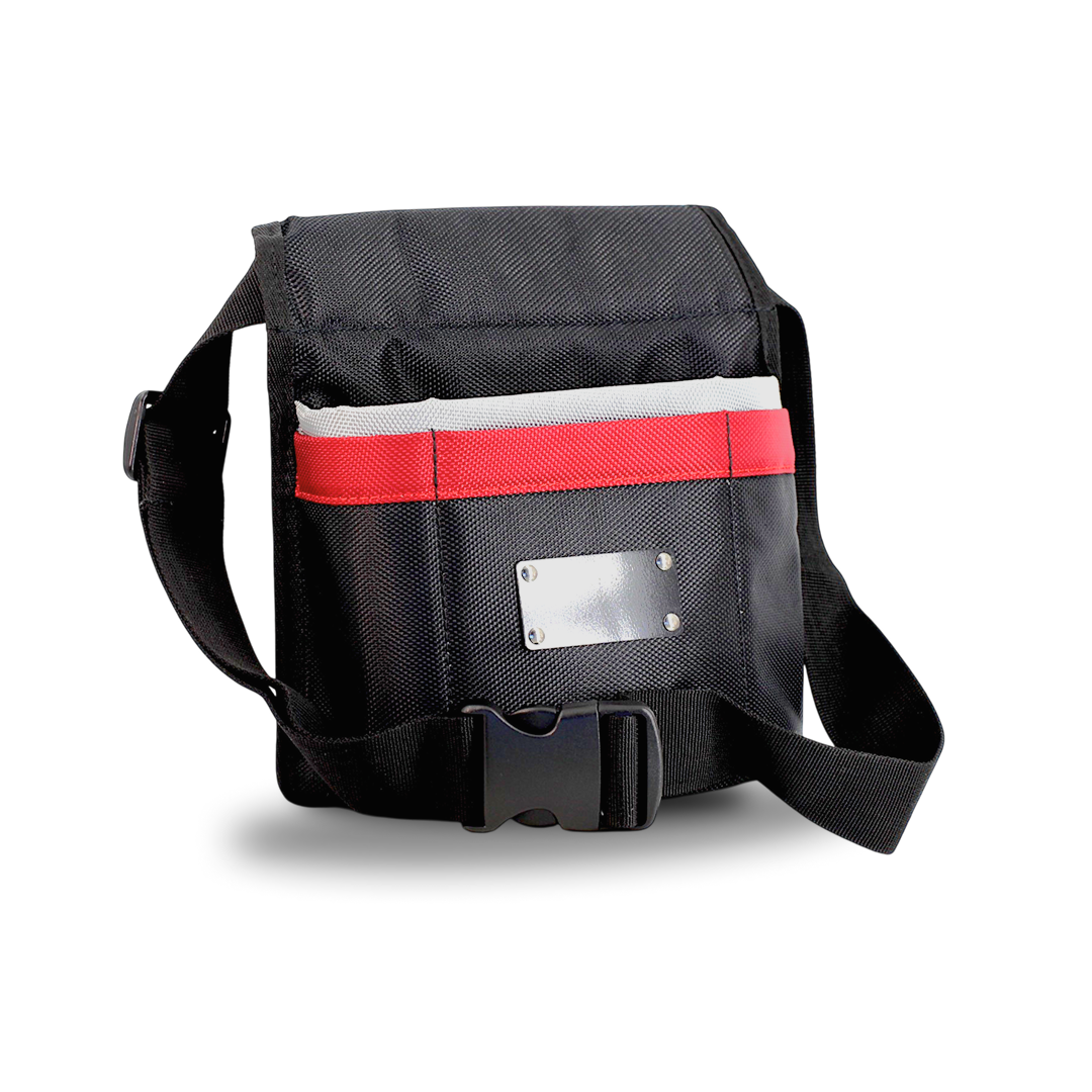 Medium-sized vinyl wrap tool belt with secure waist clip fastening.