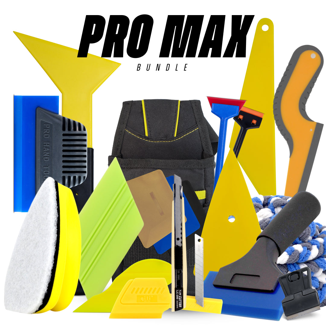 Full-featured tint tool kit with advanced scrapers, gloves, cleaning tools, air release pen, and edge trimmer for expert use.