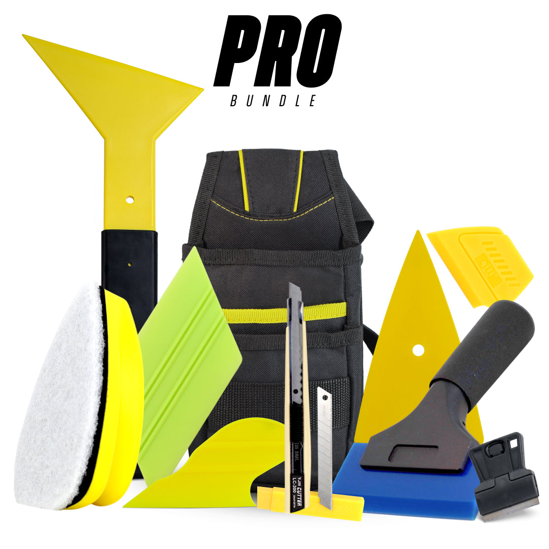 Pro window tinting tool kit with scrubbing pads, hard squeegees, gloves, and precision cutting tools.