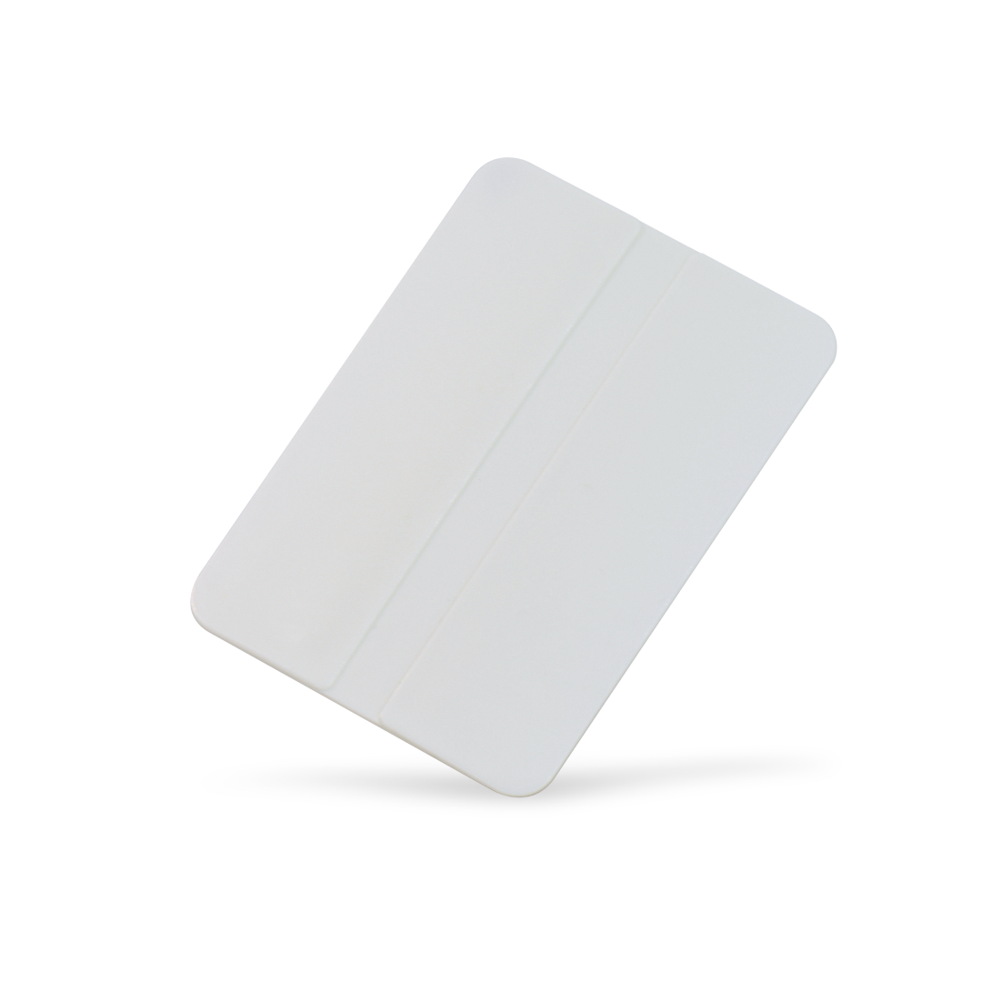 Thin white squeegee with hard flex design for tight spaces.