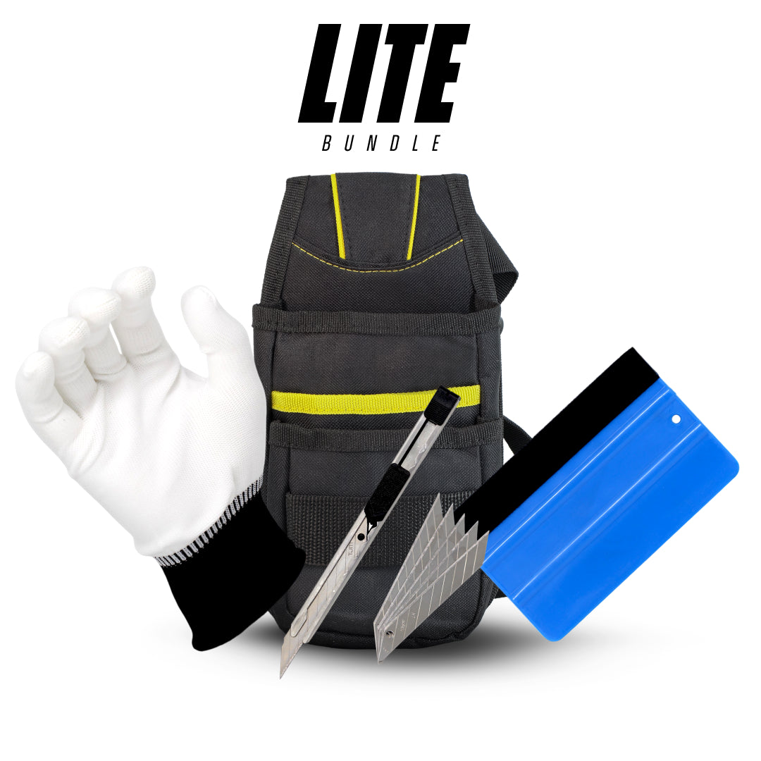 Starter tool kit for vinyl wrap and sign installs with belt, gloves, squeegee, and cutting tools.