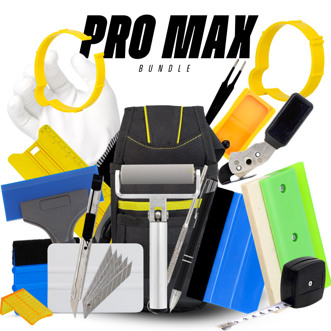 All-in-one workshop vinyl wrap and signage tool kit with full gear including pressure roller, clips, air release pen, and precision trimmers.