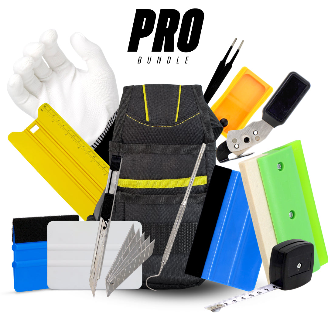 Workshop-grade tool kit with multi-type squeegees, wrap gloves, cutting tools, and tweezers for complete vinyl and signage installs.