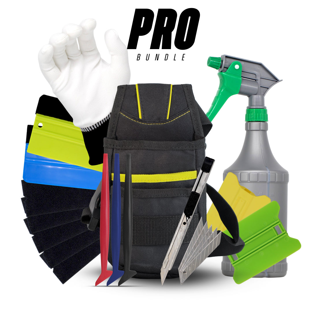Complete vinyl wrap tool kit with precision blades, squeegees, gloves, and knife for advanced wrap jobs.