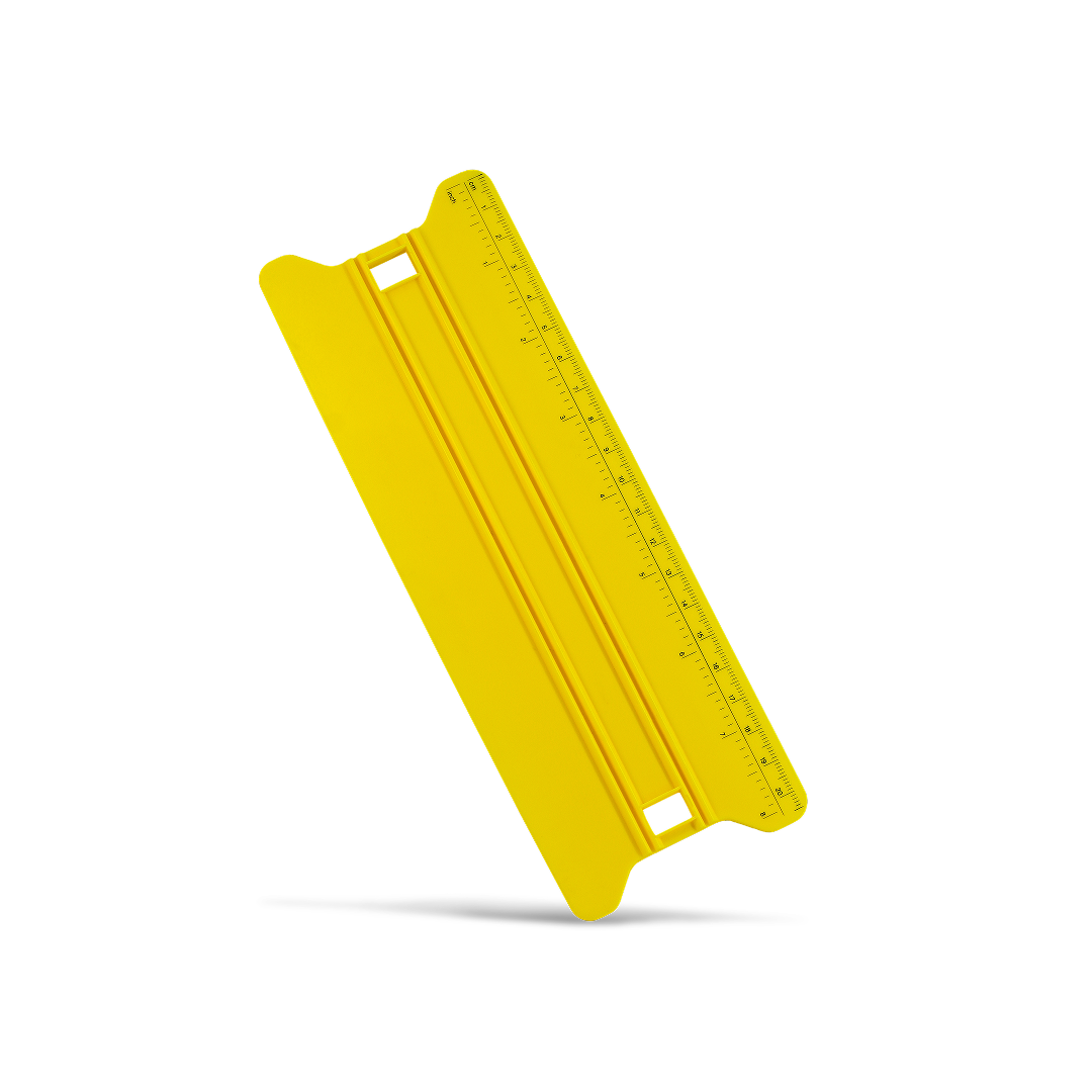 Yellow wing squeegee with built-in ruler for accurate wrap placement.