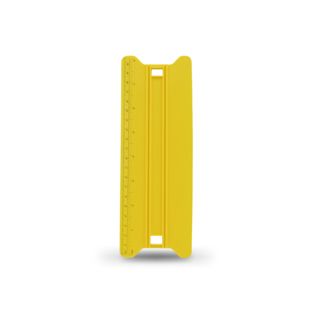 Yellow wing squeegee with built-in ruler for accurate wrap placement.