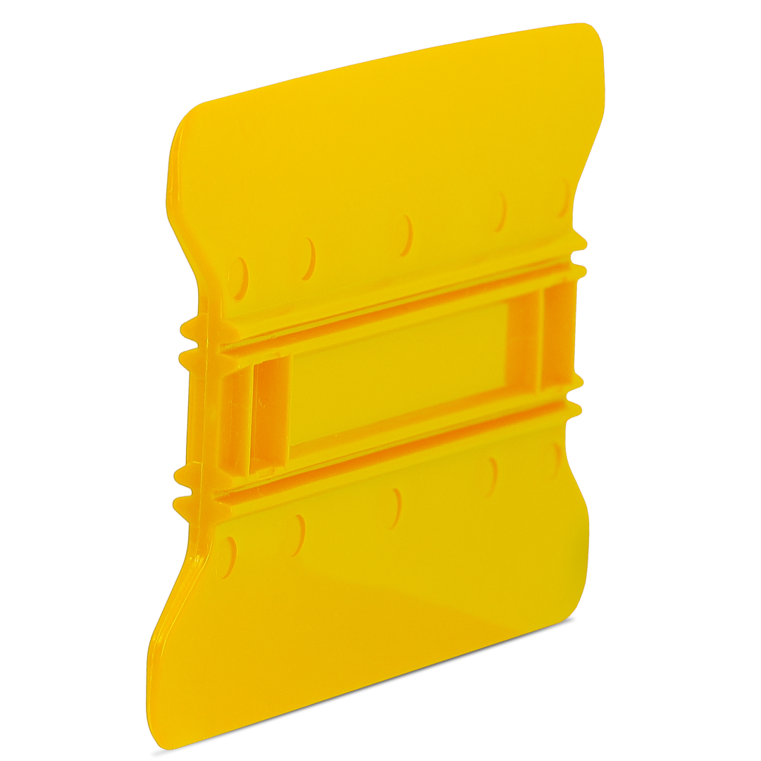 Yellow squeegee with hard flex and wing edges for tight corners.