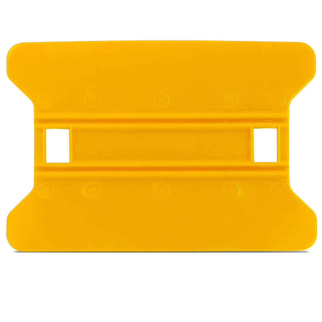 Yellow squeegee with hard flex and wing edges for tight corners.