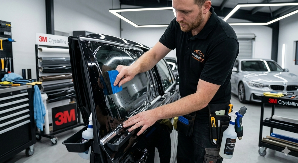 Professional window tint installer applying film using squeegee
