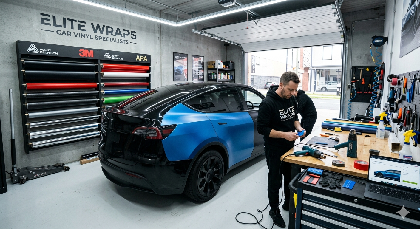 professional car wrapping workshop setup with vinyl rolls, workbench, wrap tools