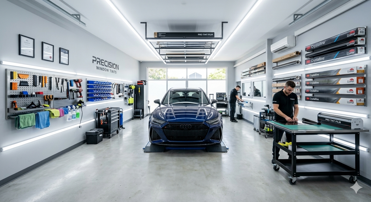 Professional window tint workshop setup with organised tools