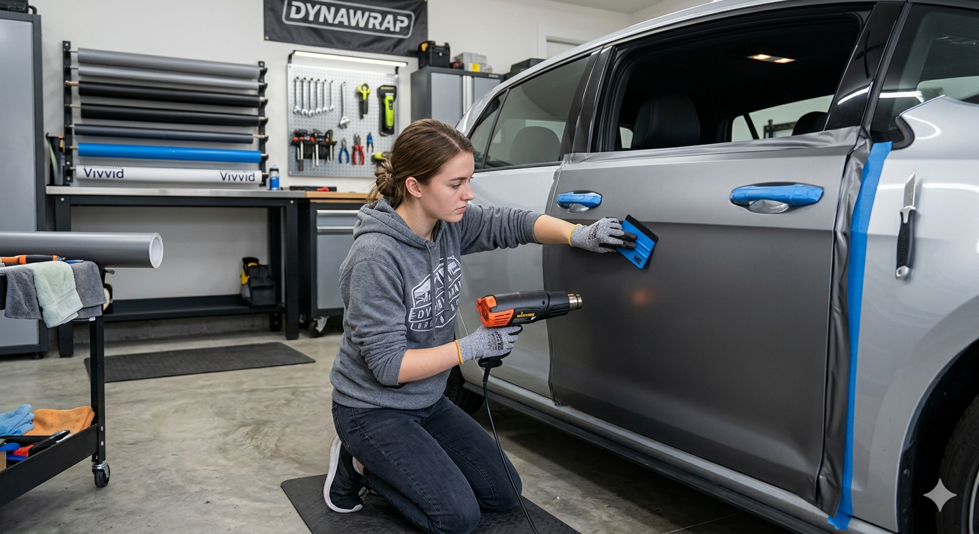 applying vinyl wrap to a car door with squeegee and heat gun