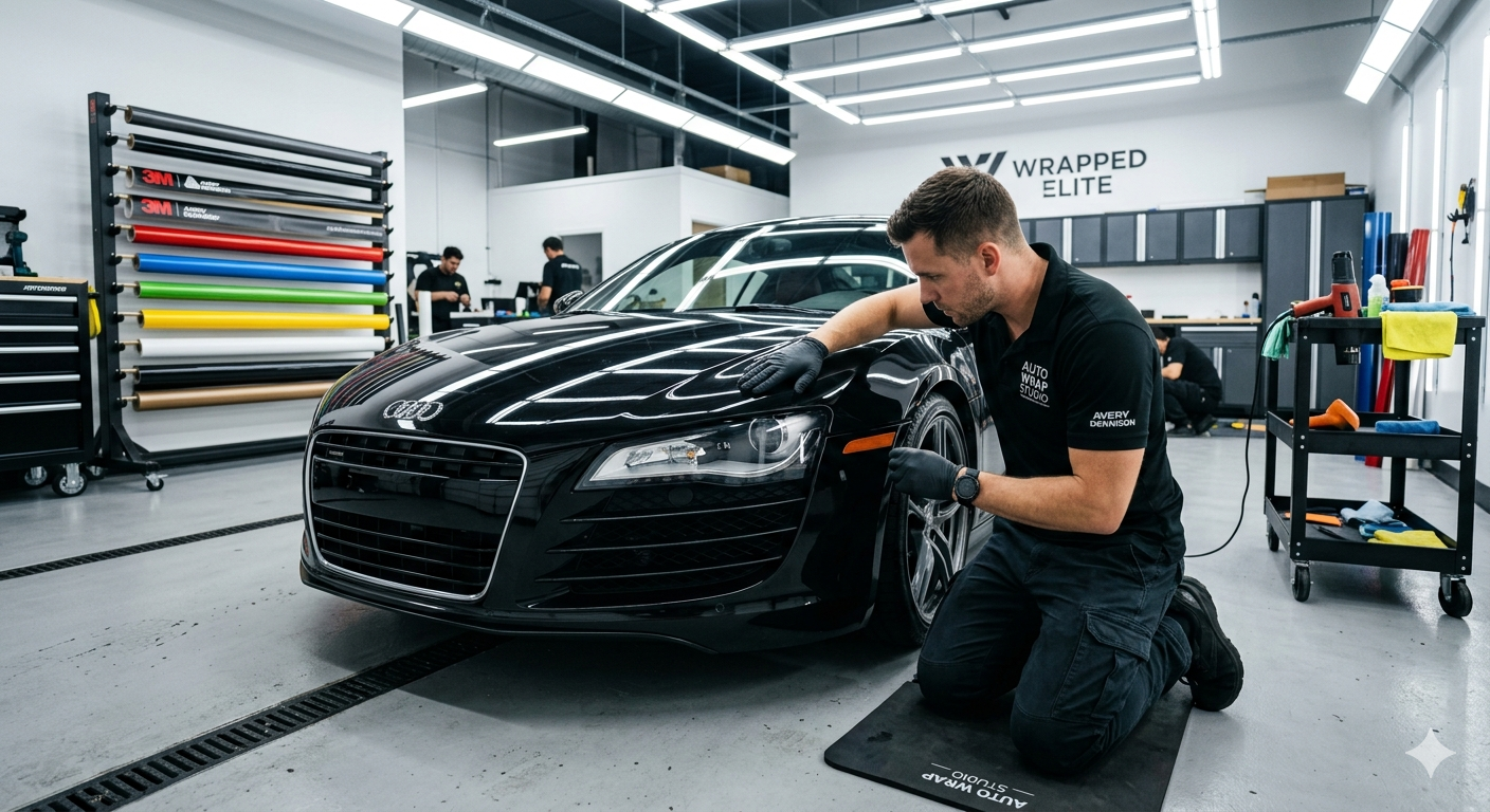 Professional car wrap installer inspecting a vehicle and checking surface quality before installation
