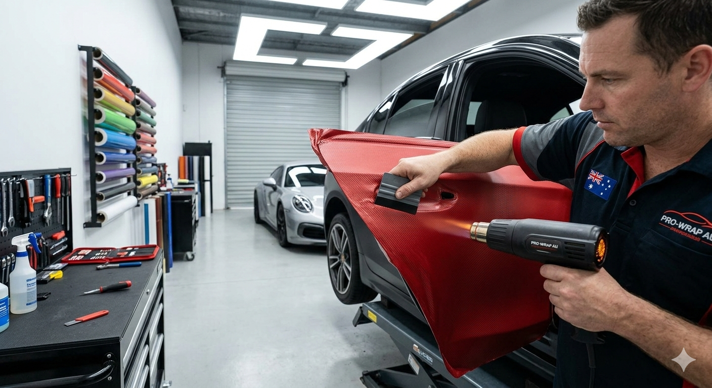 Professional installer applying vinyl wrap to car panel using squeegee