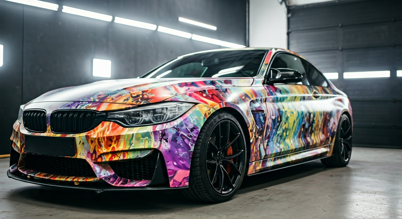 Colorful vinyl car wrap installed on a car